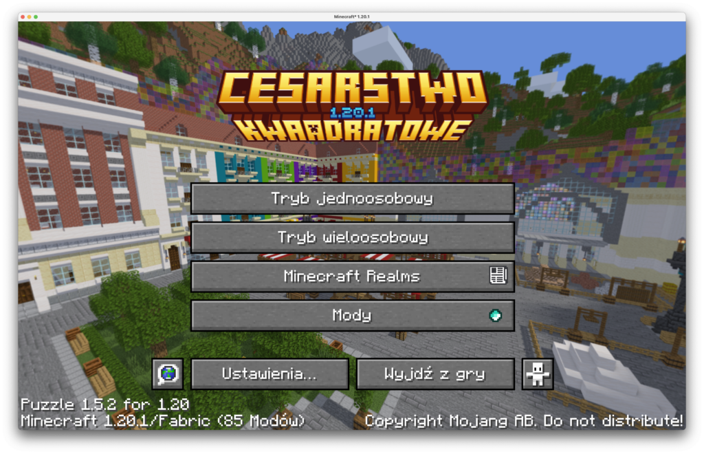 Menu główne gry Minecraft, jednak zamiast logo "Minecraft" w górnej części menu, znajduje się tam napis: "Cesarstwo Kwadratowe 1.20.1".